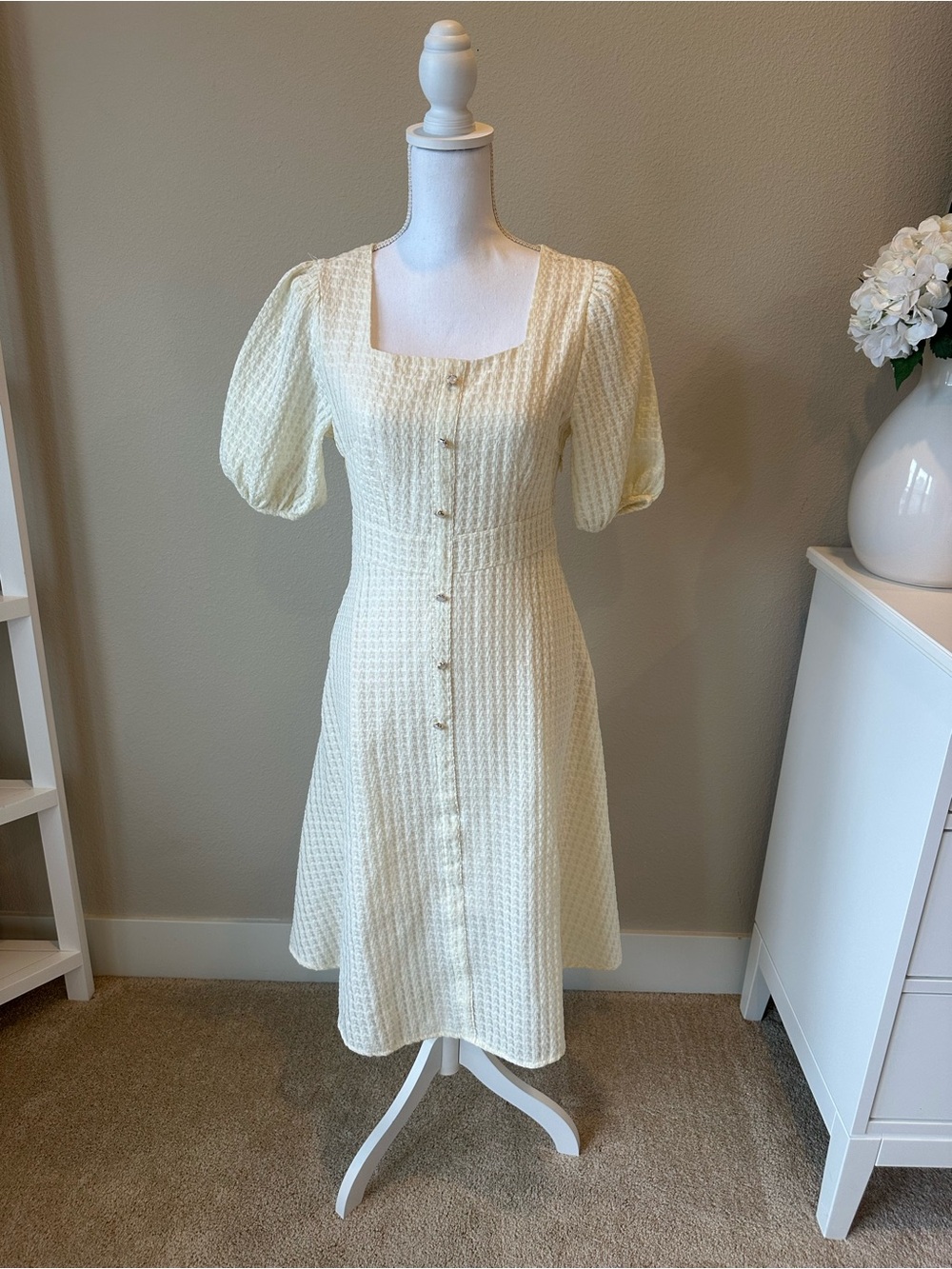 Chicwish Cream Square-Neck Button Midi Dress